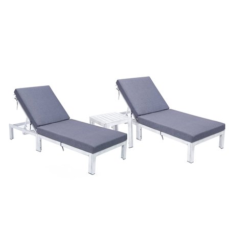 LEISUREMOD Chelsea Modern Outdoor Weathered Grey Chaise Lounge Chair With Side Table & Blue Cushions CLTWGR-77BU2